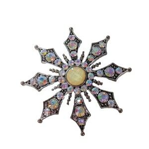 Vintage Starburst Brooch AB Rhinestone Silver Tone Snowflake Pin Marked KC